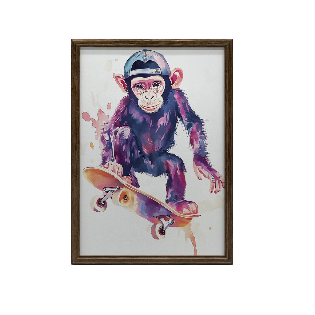 Plakat Małpi Skateboardzista Plakat Małpi Skateboardzista, 70X100 Cm, Rama Drewniana Jasny Dąb, Papier Matowy 230 Gsm