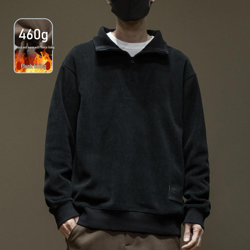 Men's Corduroy Half-High Collar Zipper Hoodie - Warm, Loose, Casual, Plus Velvet, Trendy Autumn/Winter Outerwear Sports Top