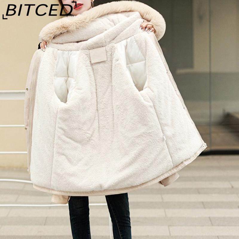BITCED Fleece-Lined Thickened Down-Filled Cotton Coat for Women - Short Style Autumn/Winter Waist-Defining Design with Large Fur Collar