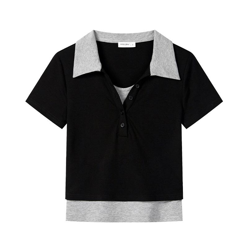 2026 new fake two-piece contrasting color POLO shirt slim and thin Korean design sense niche short-sleeved top women's T-shirt