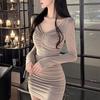 French Socialite V-Neck Dress: Elegant, Pleated, Long-Sleeved, Slim-Fit, High-End Hip-Hugging Skirt