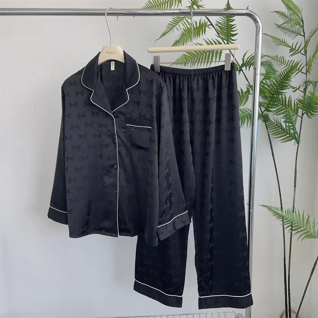 Pink Pajamas Set Bow Print 2Piece Set Women Rayon Homewear Long Sleeve Trousers Suit Lapel Loungewear Nightwear Casual Outfit