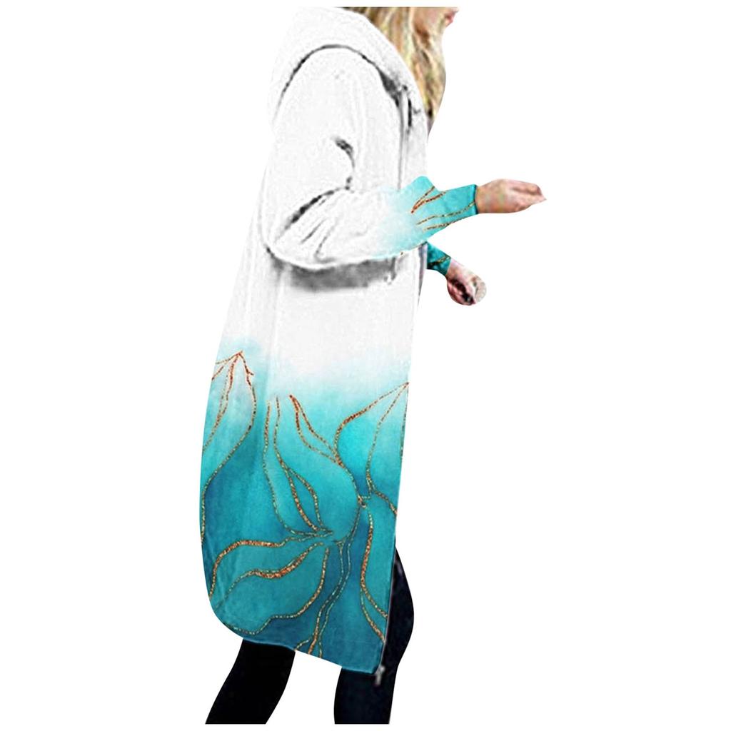 Módní dámské ležérní volný svetr s kapucí, střední délka kabát s dlouhým rukávem s potiskem