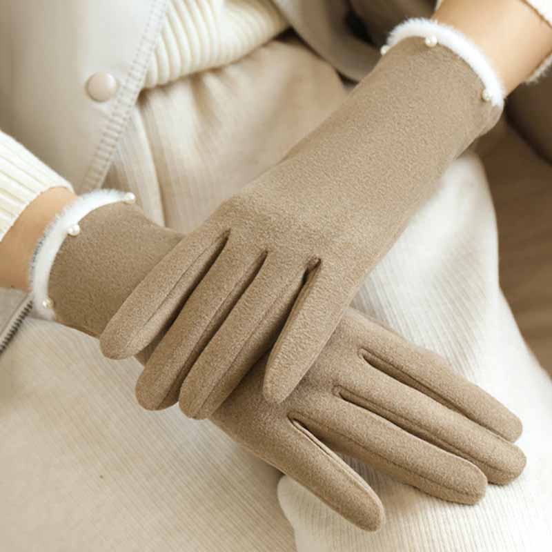 Winter Women Keep Warm Fashion Elegant Plush Wrist Cuff Pearl Gloves Luxury Fleece Soft Cycling Drive Touch Screen