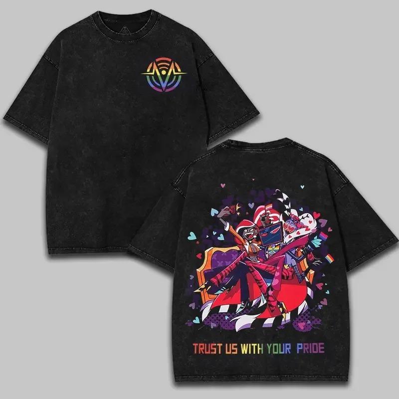 2026 Summer Hot Sale Anime Hazbin Hotel Vintage T-shirt Y2K Unisex Gothic Washed Clothes Hip Hop Streetwear Oversized T-shirt