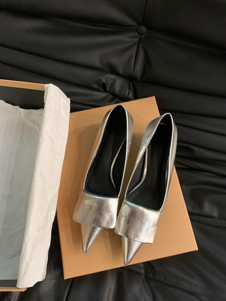 French Kitten Heel Light Mouth Single Shoes Women's Shoes 2025 Spring and Summer New Pointed Temperament Silver Evening Work Shoes