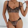 Leopard Print & Black Lace Eyelash Trim Bowknot Bra Set