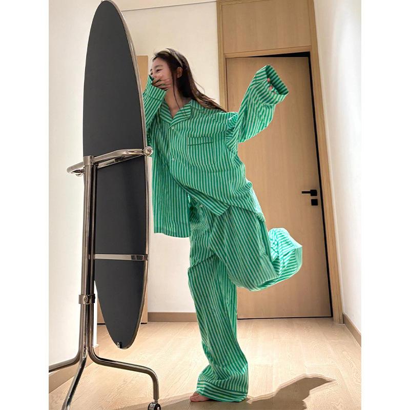

[Spot] Striped spring and autumn new pajamas women s long-sleeved trousers large-size loungewear set can be worn outside in stock M