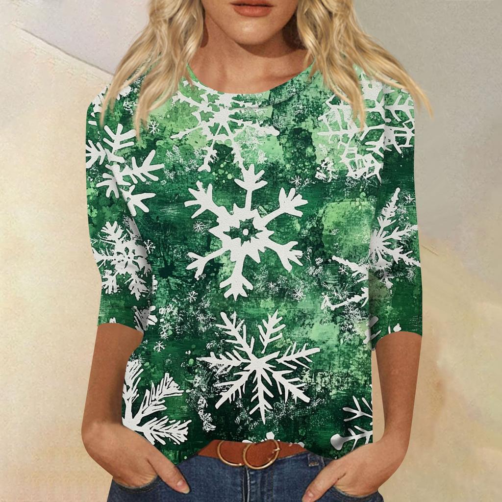 Women's Fashion Casual Seven Sleeve Christmas Printed Round Neck Top