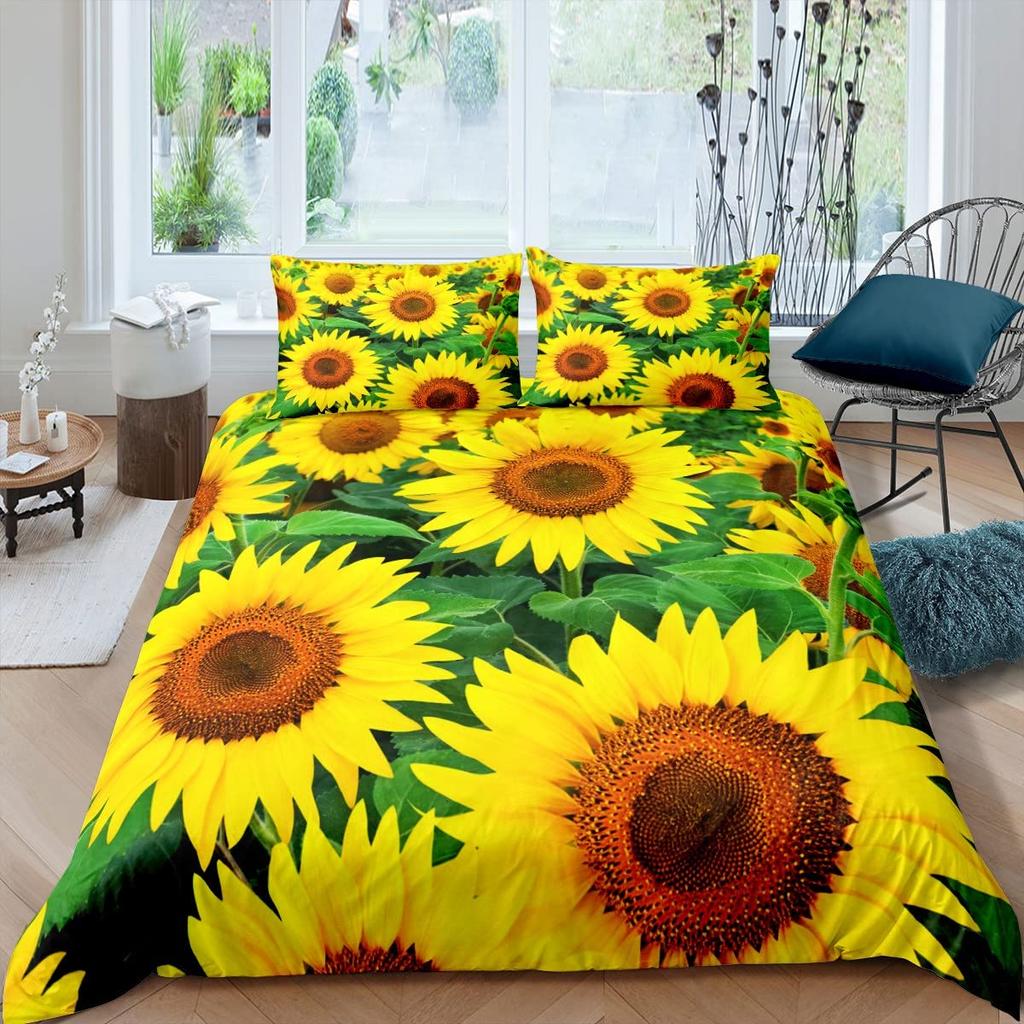 Vintage Sonnenblumen Bettbezug Set Buchstaben Bettwäsche Set Buchstaben und Sonnenblumen Gedruckt Retro Mädchen Queen Size 2/3tlg. Bettdeckenbezug