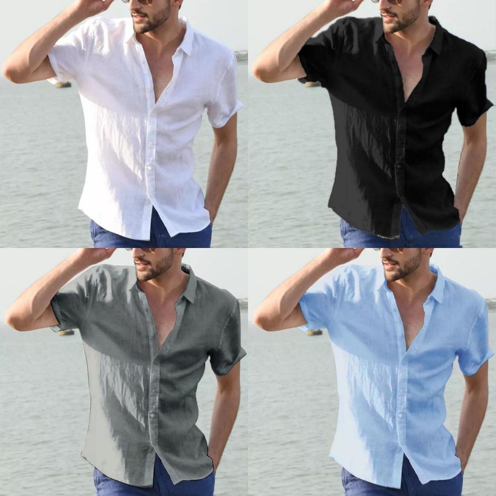 Men's Casual Short Sleeve Shirt Street Wear Lapel Button Solid Color Cotton Linen Shirt for Men Vintage Vacation Blouse