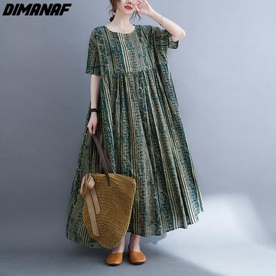 DIMANAF Women Dress Summer Plus Size Beach Sundress Linen Bohemian Print Flowers Fashion Lady Vestidos Loose Casual Long Dress Oversize 9079