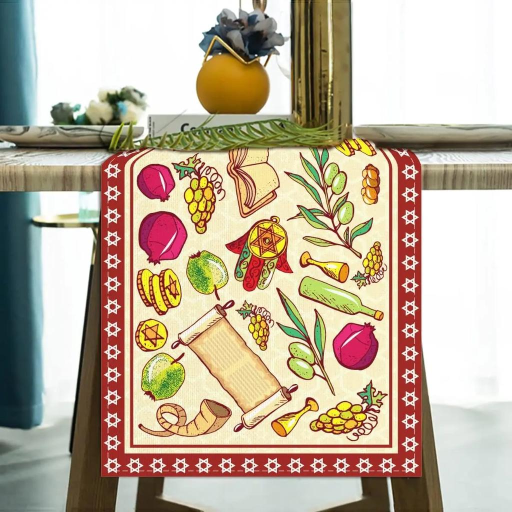Shana Tova Linen Table Runners Jewish Holiday Table Decor Reusable Kitchen Dining Table Runners Rosh Hashanah Decorations