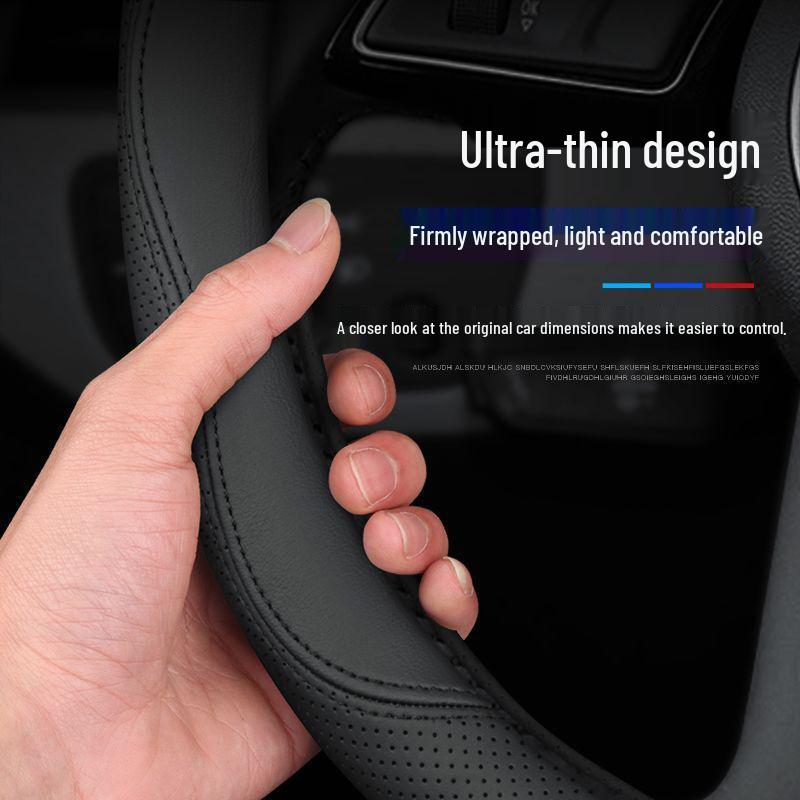 Genuine Leather D-Shaped Steering Wheel Cover - Ultra-thin, Breathable, Anti-slip, Sweat-absorbing, All-season, Universal Fit.