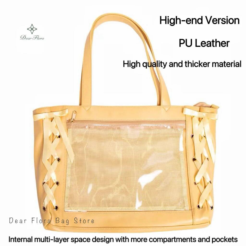 Japanese Sweet Women Ribbon Ita Bag Fashion Large Capacity Tote Bag Aesthetic Shoulder Bag Cute Lolita Girl Transparent Handbags