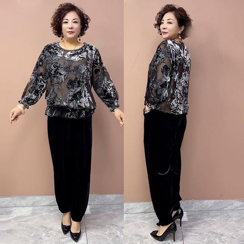 Spring and Autumn Women's Plus-Size Blouse Loose Fit Printed Silk Blouse Round Neck Floral Velvet Blouse