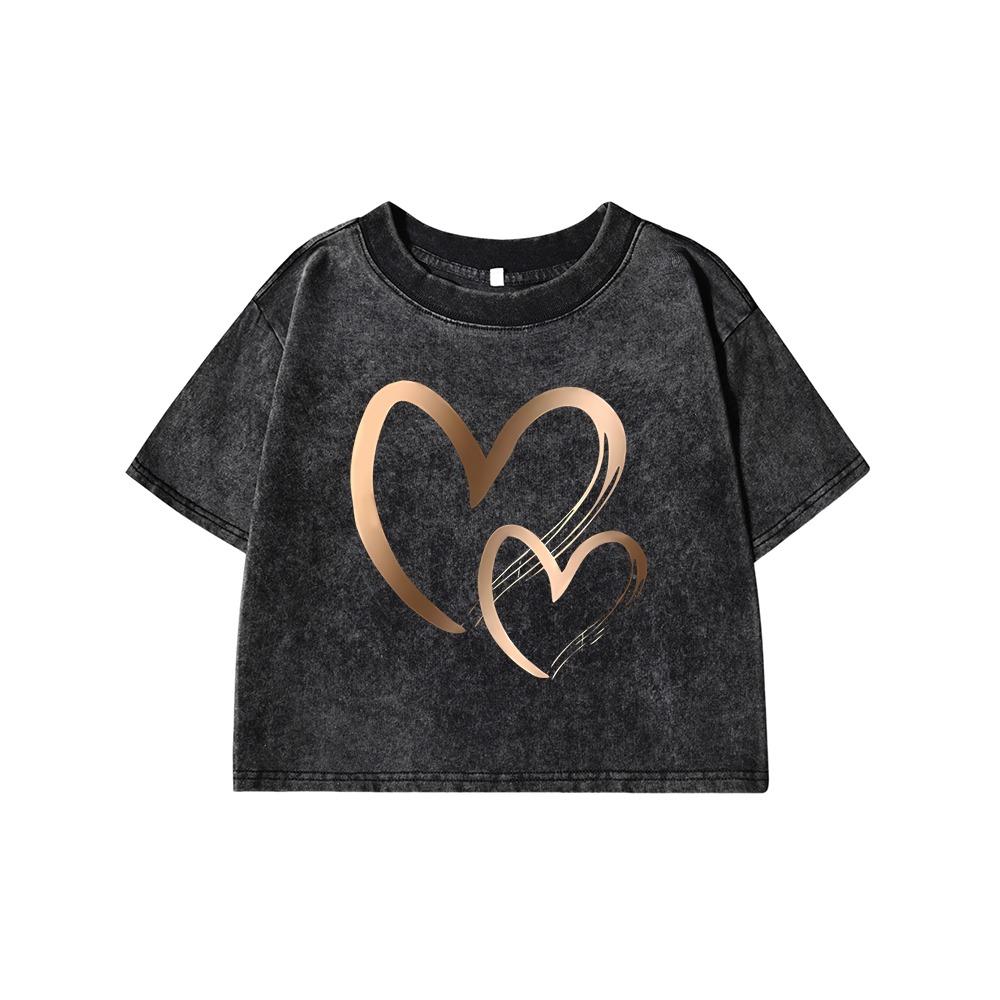 Love Patternprinting Female Washed Short T-Shirt Summer Cool T Shirts Distress Clothes Breathable Midriff-Baring Tops