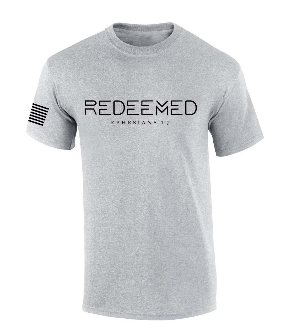 Mens Christian Shirt Redeemed Ephesians 1:7 Scripture American Flag Sleeve S