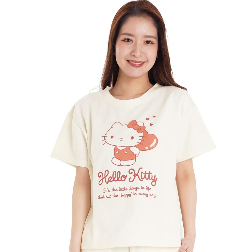 SAZAC SAN1659 Women's Mini Fleece Loungewear Set, U-Neck, Short Sleeves and Pants, Sanrio Hello Kitty Oatmeal Pajamas, Size M