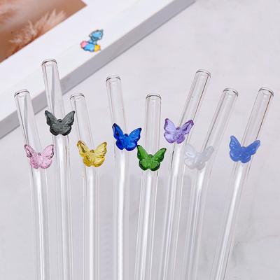 6pc Colorful Flower/Butterfly Glass Straw Reusable High Borosilicate Creative Straw for Festival Party Bar Cocktail Random Color