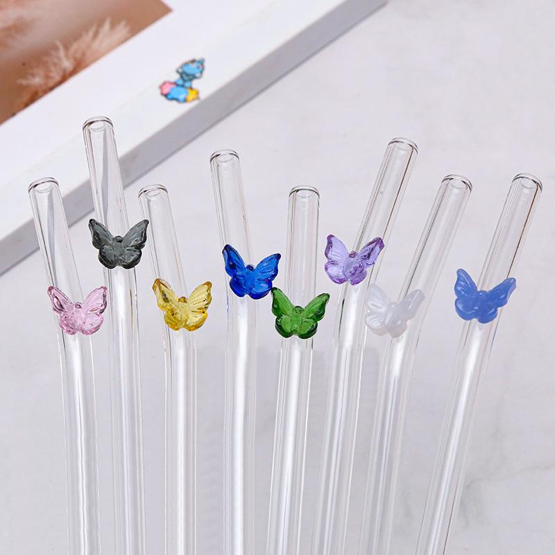 6pc 8mm Glass Straw, Reusable Drinking Straws Cute Butterfly Heat-Resistant Straw For Festival Party Wedding Cocktail Bar Beachs