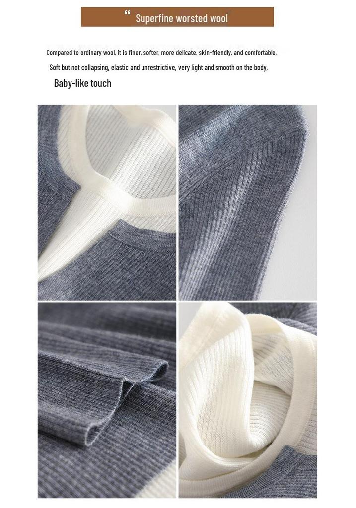 Women's 60s Fine Wool Color Block Sweater, Slim Fit, Elastic Round Neck, Fake Two-Piece Knitwear for Spring & Autumn