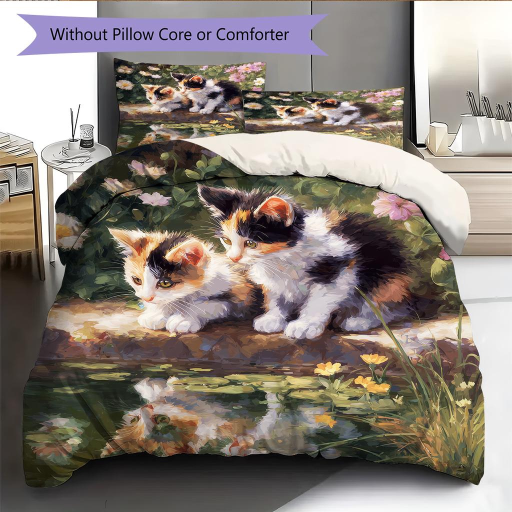 Calico Cat and Fresh Flowers Pattern Bedding Home Decoration Birthday Gift (1 * Duvet Cover + 2 * Pillowcase, Without Core)