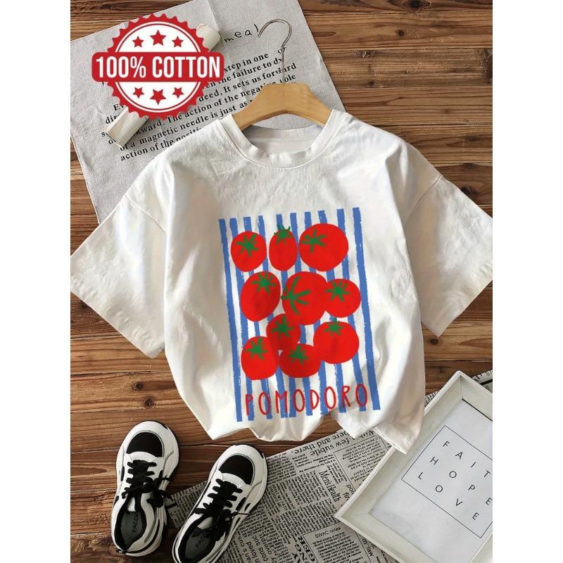 Comfortable and fresh style tomato stripe print summer casual round neck pure cotton fashionable T-shirt top 110