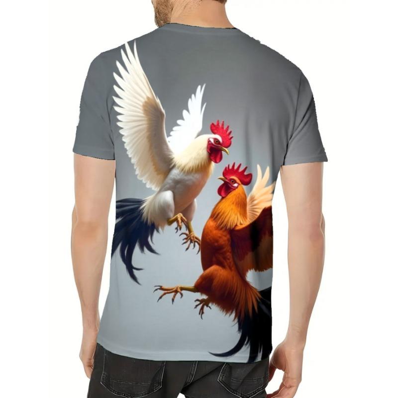 Men's 3D Rooster Print T-Shirt - Soft Stretch Polyester Fabric, Realistic 3D Chicken/rooster Design,