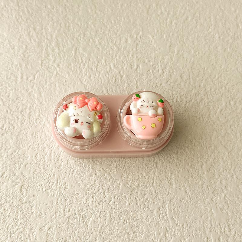 

Контейнер для цветных контактных линз в виде конфеты, милый мультяшный кошачий глаз, контейнер для хранения линз для красоты зрачков с пинцетом и присоской, набор, подарок для девочек розовый