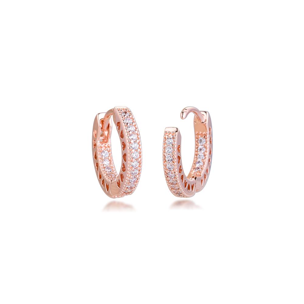 100% Real 925 Sterling Silver Earring Pavé Heart Hoop Ear Clear CZ Rose Gold Earrings for Women Fine Jewelry
