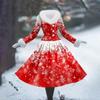 Women's Casual Dress Long-Sleeve V-Neck Patchwork Fleece Christmas Print Dress