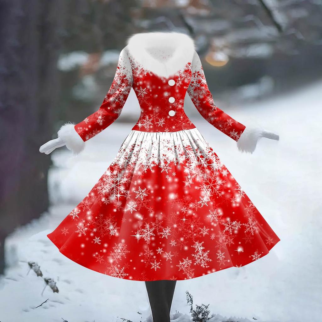 Women's Casual Dress Long-Sleeve V-Neck Patchwork Fleece Christmas Print Dress