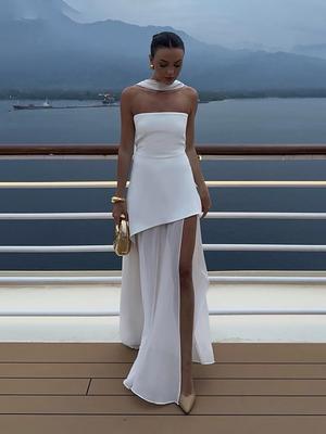 Fashion Strapless Dress With Ribbon Female Elegant Solid Sleeveless Mesh Beach Vacation Long Dress Spring New Women Dress