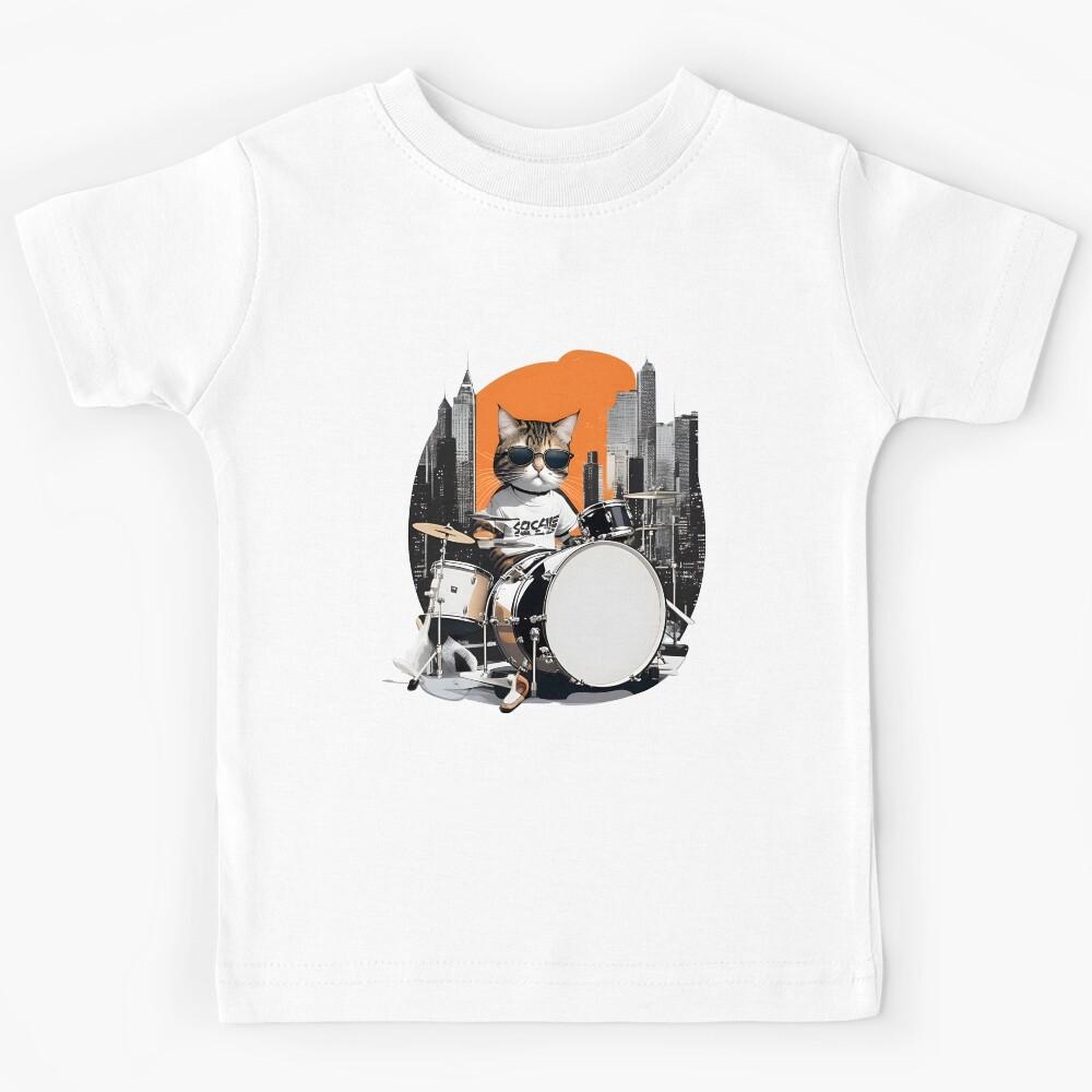 Cat playing drums in city Kids T-Shirt 160