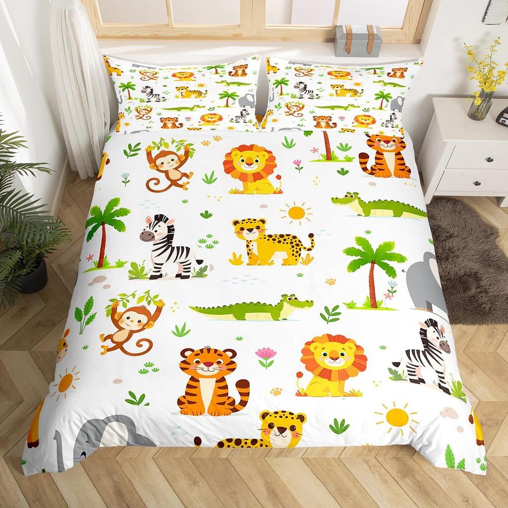 Kid Zoo Tier Bettbezug Niedliche Wildtiere Giraffe Bettwäsche Set Cartoon Löwe Nilpferd Schildkröte Yak Bettdeckenbezug Polyester Steppdeckenbezug