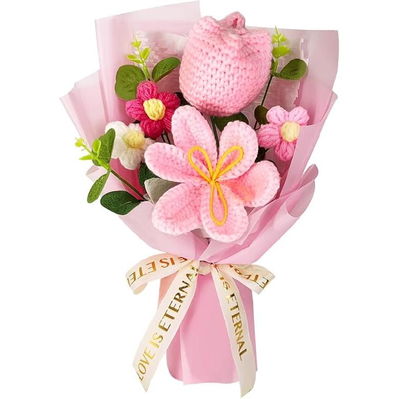 Crochet Flower Bouquet: Completed Crochet Tulip Flowers for Graduation Gifts Birthday Home Decor (Pink)