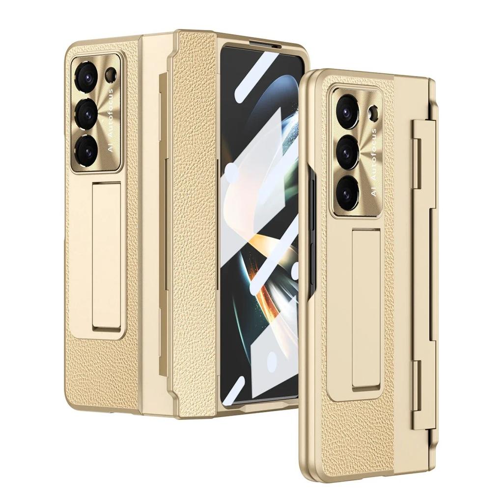 Suport din piele placat Husă de protecție cu balama plată pentru Samsung Galaxy Z Fold 5 4 3 cu folie de sticlă frontală Fold5 Husă de protecție