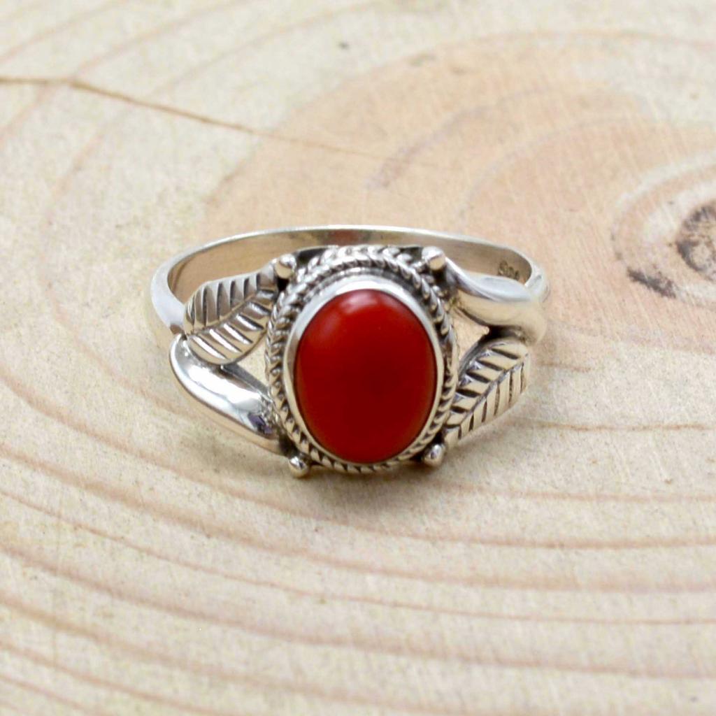 Red Coral 925 Sterling Silver Ring, Birthstone Handmade Leaf Ring, Gift For Her, Anniversary Gift Ring