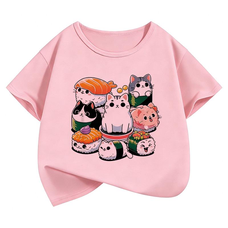 Boys and Girls Summer Cute Funny Sushi Cat Food Design Print Short-sleeve Children's T-shirt