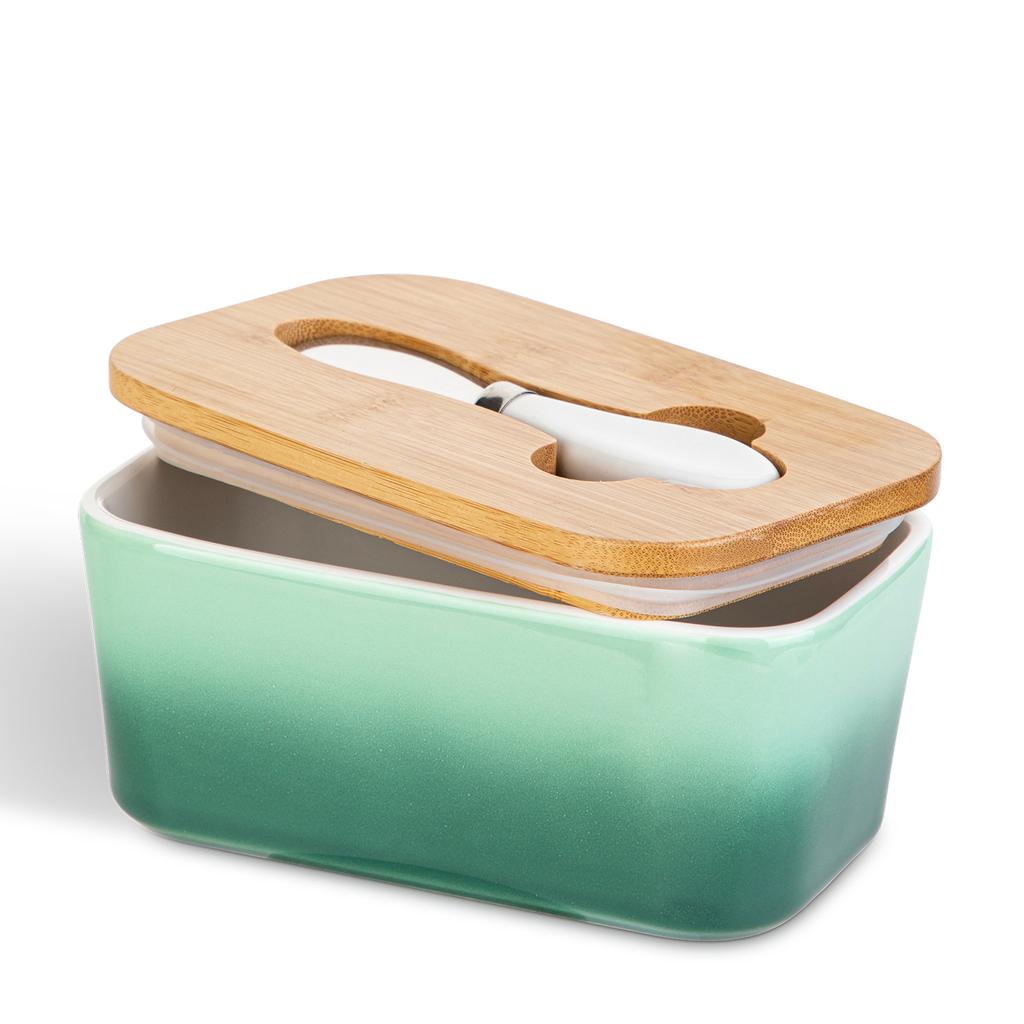 Bambusdeckel mit Keramik-Butterstreicher Butterdose Küche Kühlschrank Aufbewahrung Vorratsdosen Aufbewahrung Frischhaltebox Haushaltsgeschirr