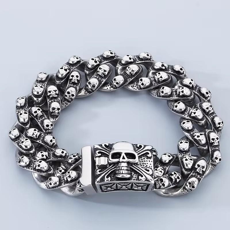 Punk Skull Charm Bracelets For Men Stainless Steel Cuban Chain Men Bangle Bracelet Silver Black Color Skeleton Jewelry