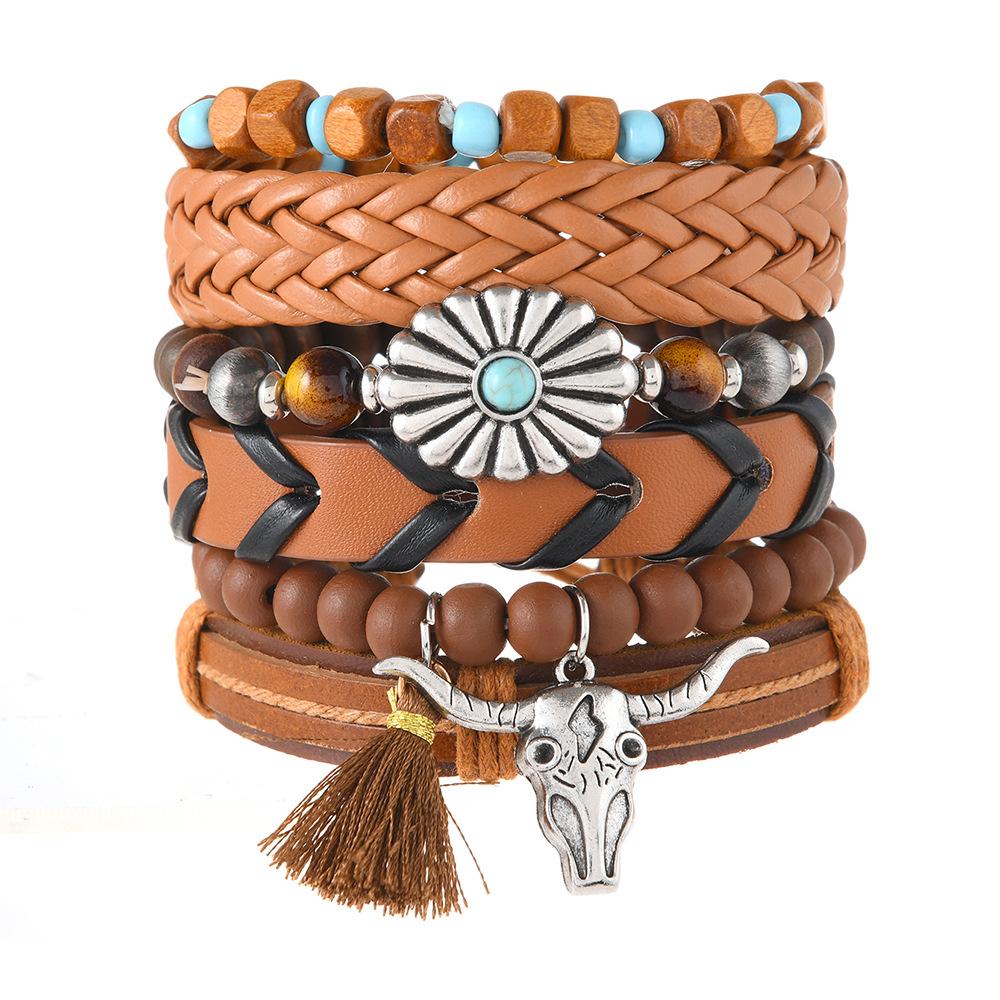 Leather Bracelets for Men Women Handmade Wrap Woven Cuff Bracelets Wooden Beaded Bracelets Vintage Ethnic Tribal Wristbands Bracelet Set Adjustable