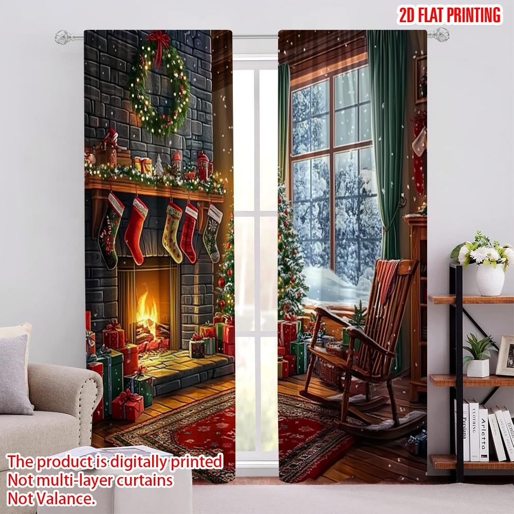 

Flat Printing Merry Christmas Popular Party Window Curtains Winter Snowy Night Wall Art Set Of 2 Made Polyester Machine Washable W100*H70(CM)-Grommet top&1PCS