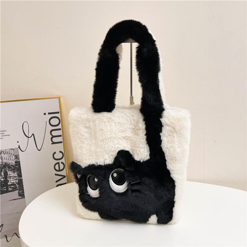Fashion Cute Plush Cat Pattern Shoulder Bag, Autumn Winter Chic Plush Tote Bag for Women, Cartoon Cat Soft Faux Fur Handbag