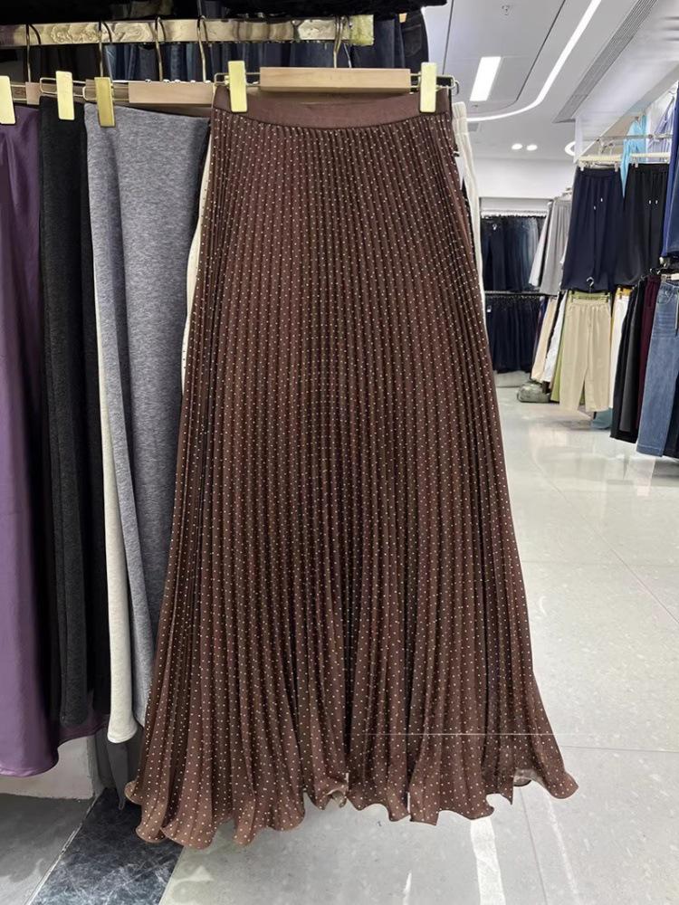 Retro High Waist Polka Dot Pleated Long Skirt with Lace Hem - Spring/Summer 2026 Collection