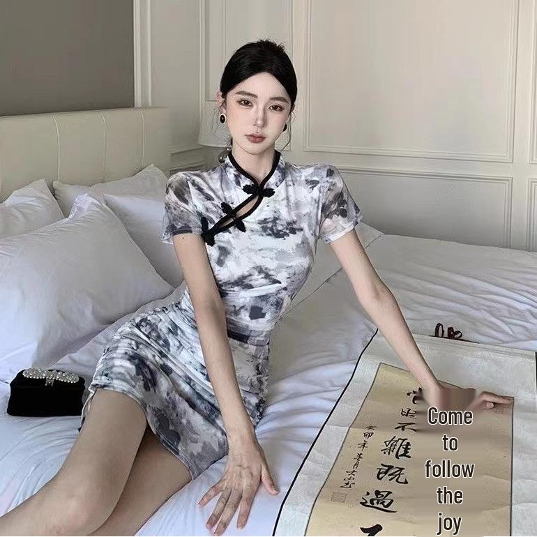 Retro Batik Graffiti Cheongsam Kleid mit Froschknöpfen - Damen Sommer Schlanke Taille Kurzer Rock