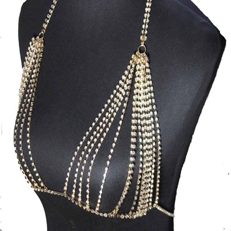 Damen Mode Strass Glänzend Legierung BH Brustkette Sexy Körperkette Gold