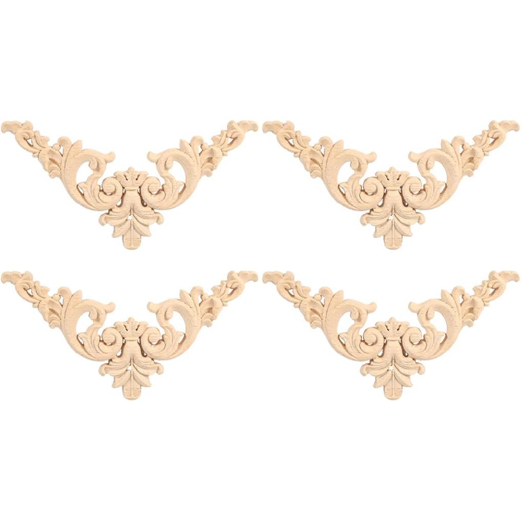 4pcs Wooden Onlay Applique for Furniture, Carved Wood Corner Decals for Mirror Bed Door Cabinet, Flower Shape Unpainted Wood Decor(12x12cm/4.7x4.7in)
