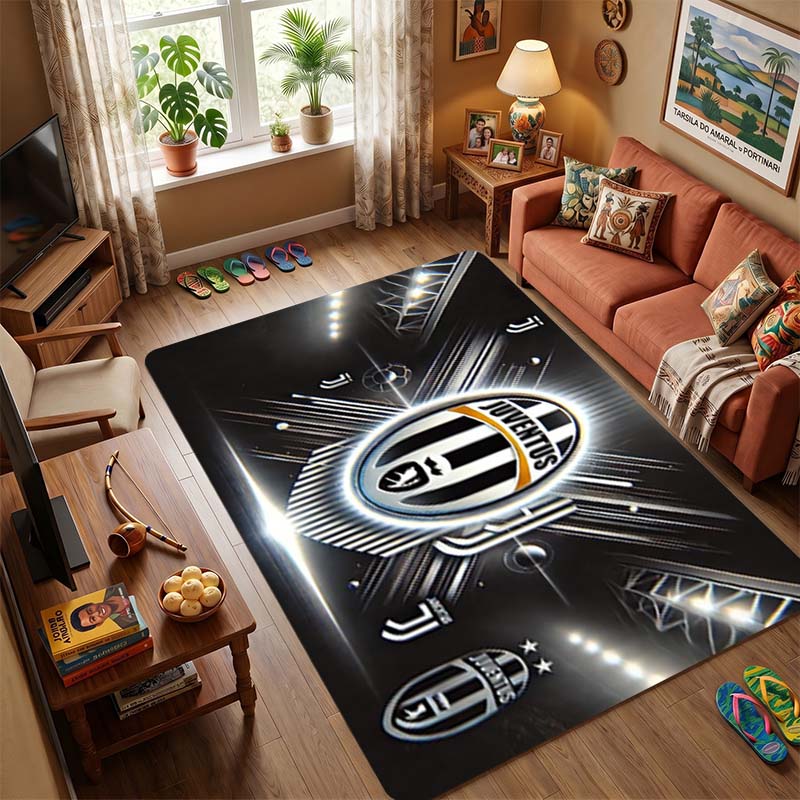 Juventus J Logo Black Silver Waving Flag Sparkle Smoke Non Slip Floor Rug Football Club Washable Sports Fan Living Room Bedroom Decor Area Carpet